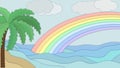 Sea coast, rainbow in the sky. Background for presentation and web design. Vector. Paper cut style. Royalty Free Stock Photo